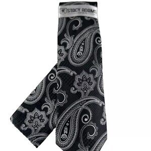 Stacy Adams Men's Tie & Hanky Set Black Silver Charcoal Grey Paisley 3.25" Wide